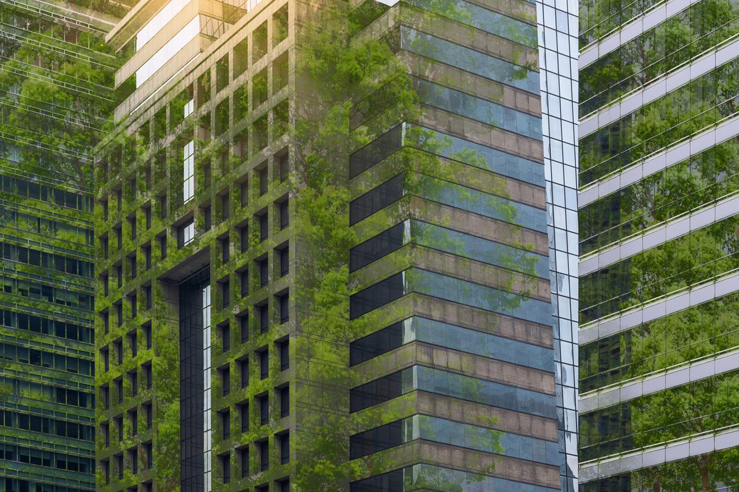 a tall building with green plants growing on it